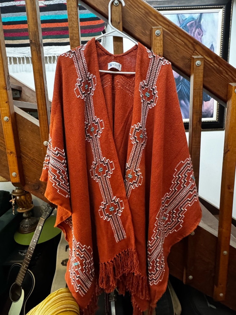 Embroidered Rust Orange Poncho with Fringe